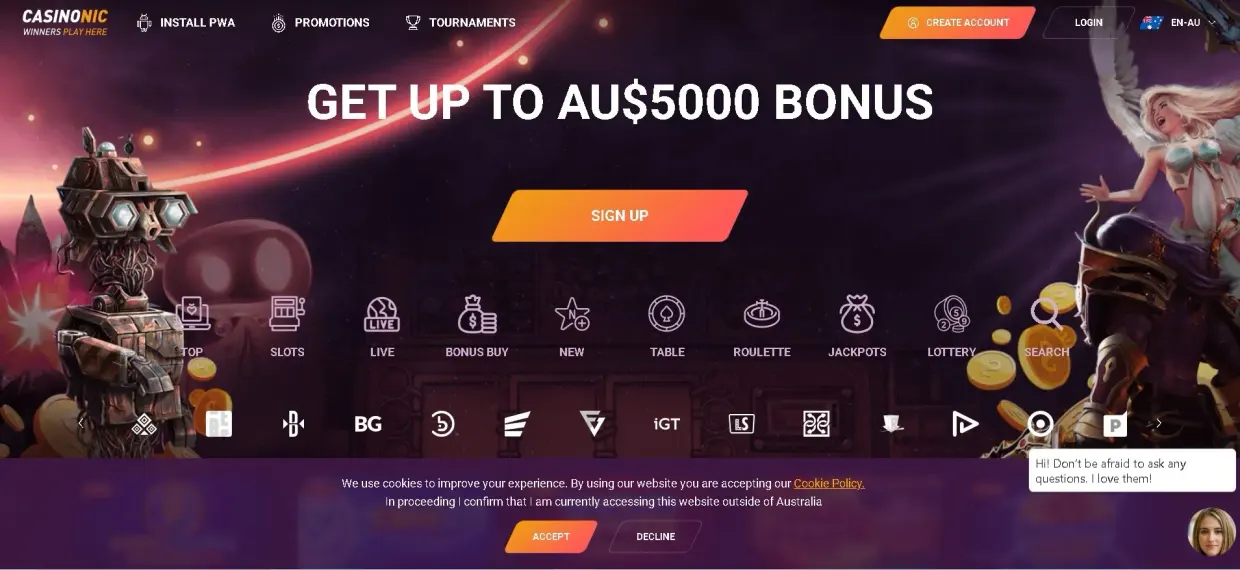 Casinonic Casino homepage showing user-friendly interface for casual players
