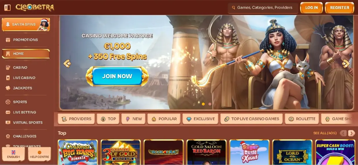 Cleobetra Casino homepage showing secure gaming platform and responsible gambling tools