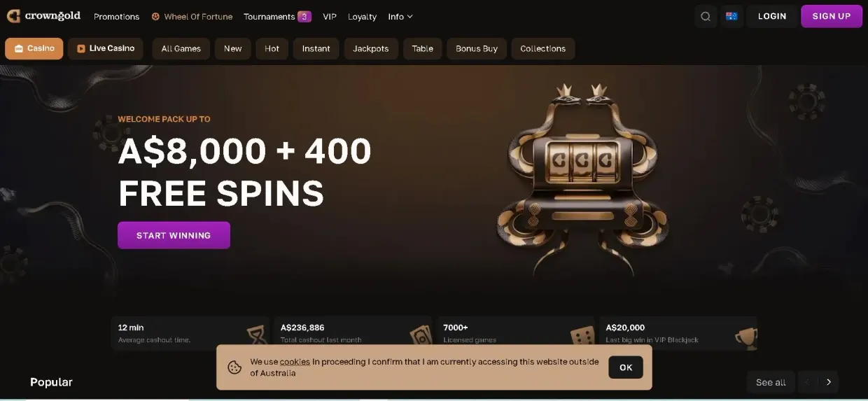 CrownGold Casino homepage showing crypto pokies and fast cryptocurrency withdrawals