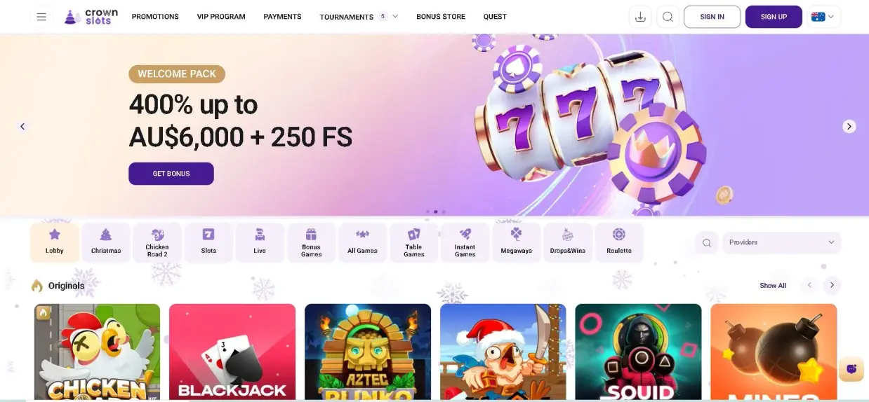Crown Slots Casino homepage showing diverse themed pokies and tournaments