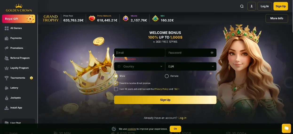 Golden Crown Casino homepage showing diverse pokie selection and high RTP games
