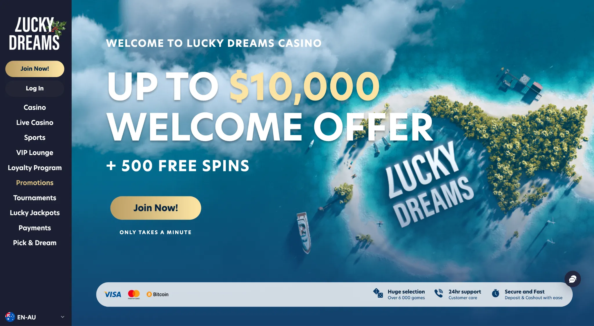 Lucky Dreams Casino homepage showing extensive game library with 9,500+ pokies