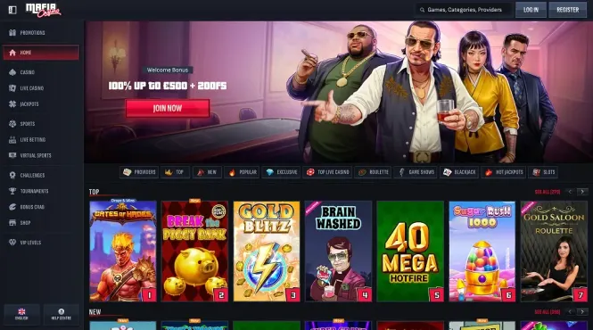 Mafia Casino homepage showing mobile-optimized pokies and jackpot games