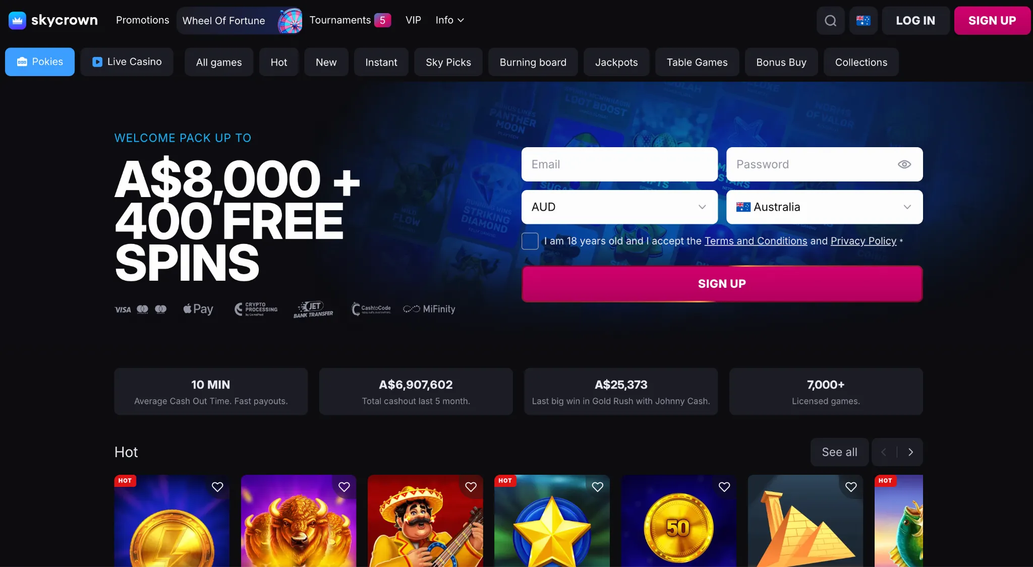 Skycrown Casino homepage showing pokies and fast PayID withdrawals