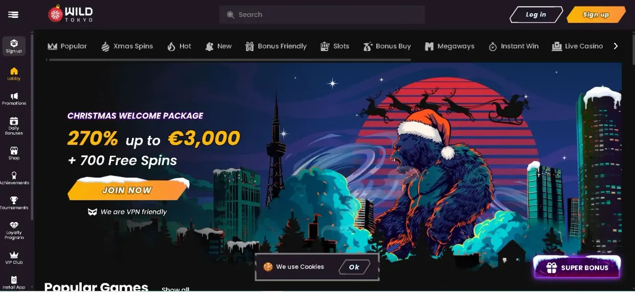 Wild Tokyo Casino homepage showing daily bonuses and Asian-themed pokies